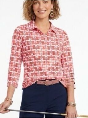 J.McLaughlin Court Polo Sahara Top Pink Red Geometric 3/4 Sleeve 1881